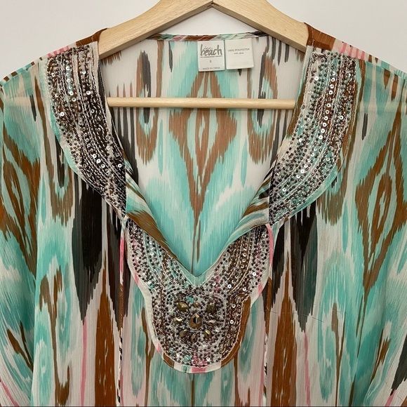 Anthropologie Beach Boho Hippie Embellished V-Neck Turquoise Tie Dye kimono - Picture 8 of 13